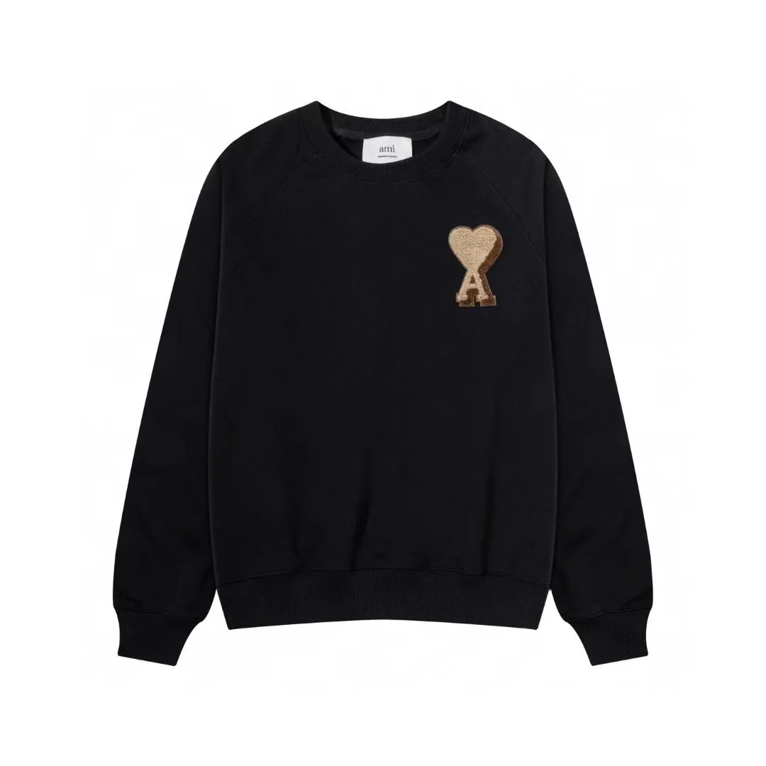 681# AMI PARIS 2025 [New products for autumn and winter] Towel embroidered with big love heart Towel embroidered raglan Round neck pullover sweatshirt Customized 360g pure cotton fabric YP replica New main wheat Washable wheat QR code can be scanned Same style for men and women Color: black Size: S-XL