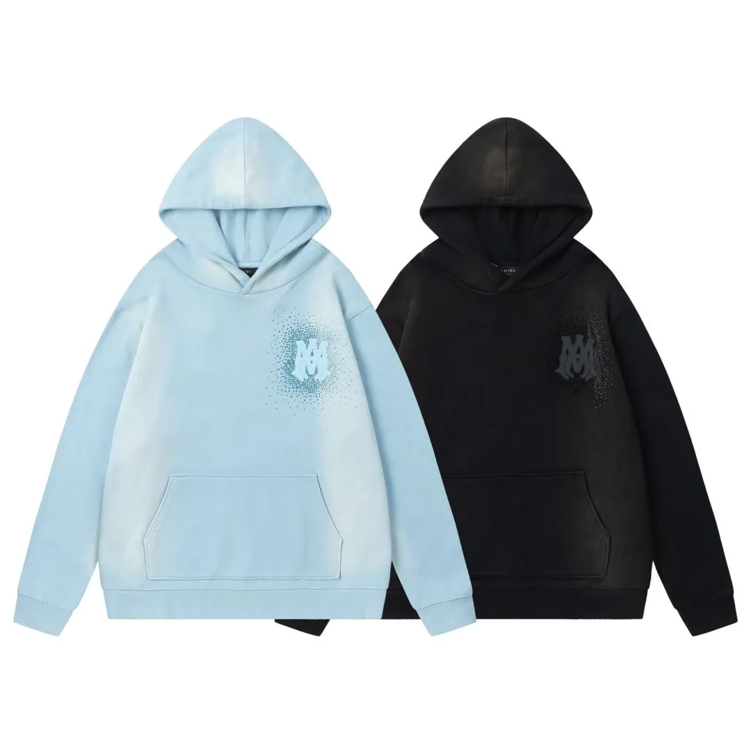 7175#P330AMIRI hot diamond washed style distressed hooded sweatshirt, color: sky blue, black. Size: S M L XL