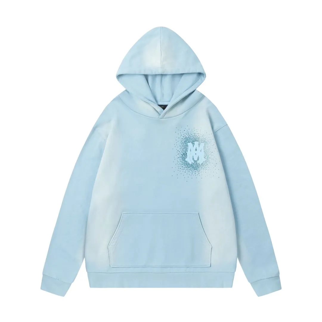 7175#P330AMIRI hot diamond washed style distressed hooded sweatshirt, color: sky blue, black. Size: S M L XL