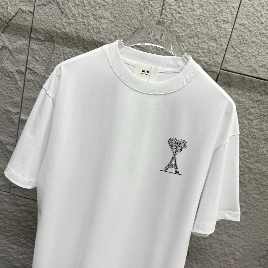 🅿️180 Ami* Love Embroidery 2025 Spring and Summer New Love Tower A embroidered letter pattern Customized double yarn plain cotton fabric Short-sleeved T-shirt Uniform for men and women Color: White Angora Red Black Size: S (90-130 catties) M (120-150 catties) L (140-165 catties) XL (160-180 catties) XXL (180-210 pounds)