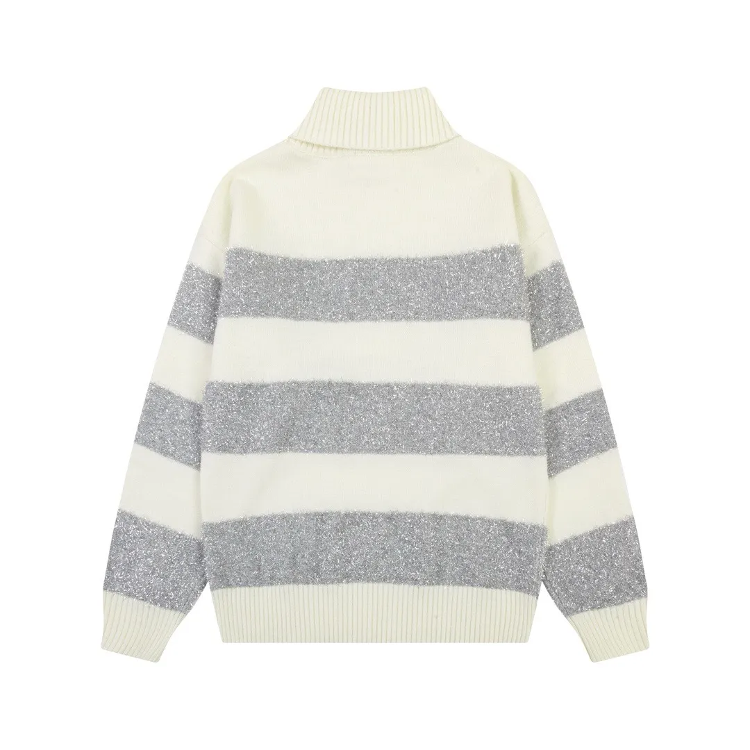 A8150# [Christmas Capsule Series] AMI Paris 2023 new autumn and winter high-neck striped alpaca blended soft and waxy knitted crew neck sweater Oversize version for men and women Color: off-white Size: S-XL
