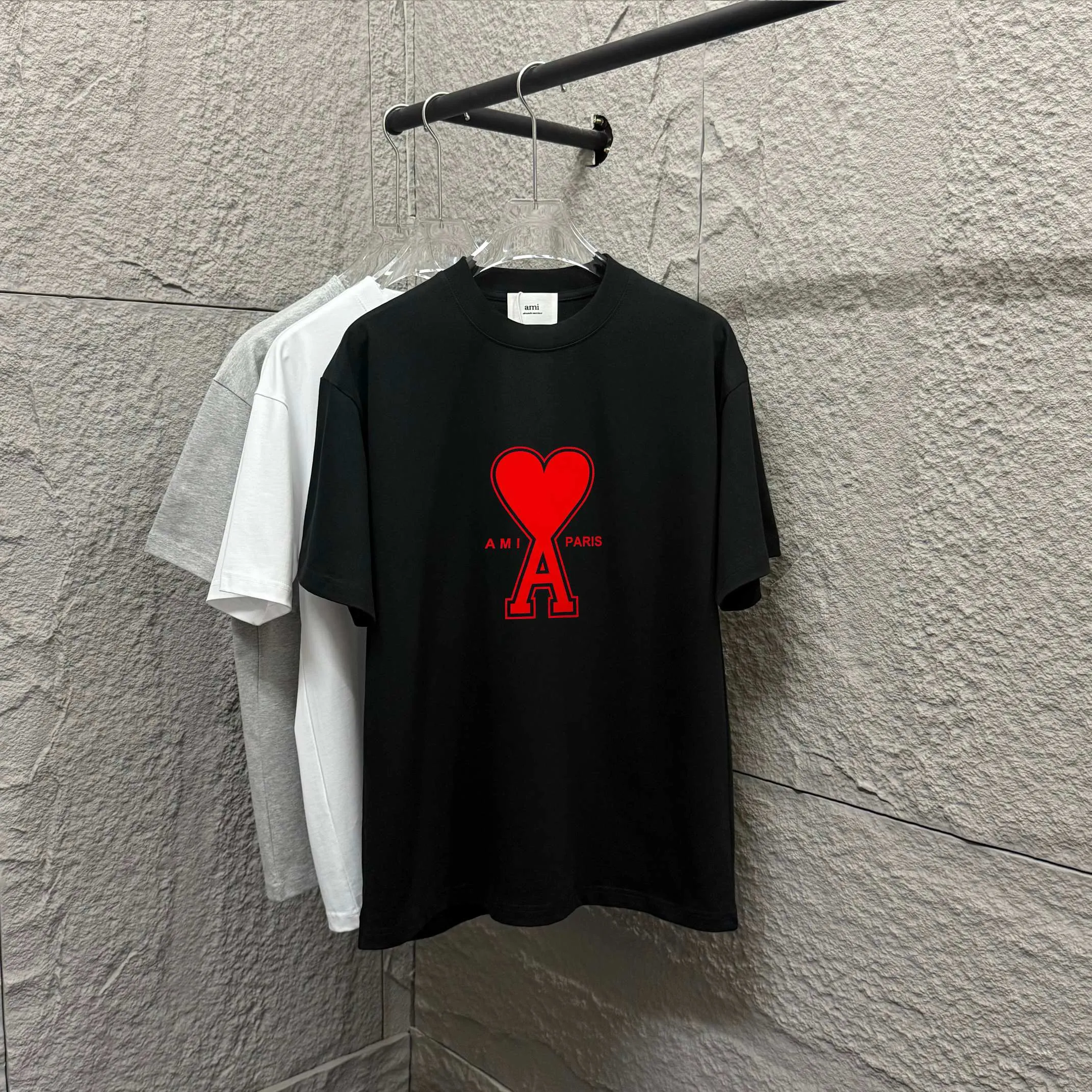 🅿️180 Ami* 2025 spring and summer new style Ami love letter red flocking Customized double yarn plain cotton fabric Short-sleeved T-shirt Uniform for men and women Color: black white floral gray Size: S (90-130 pounds) M (120-150 pounds) L (140-165 pounds) XL (160-180 pounds) XXL (180-210 pounds)