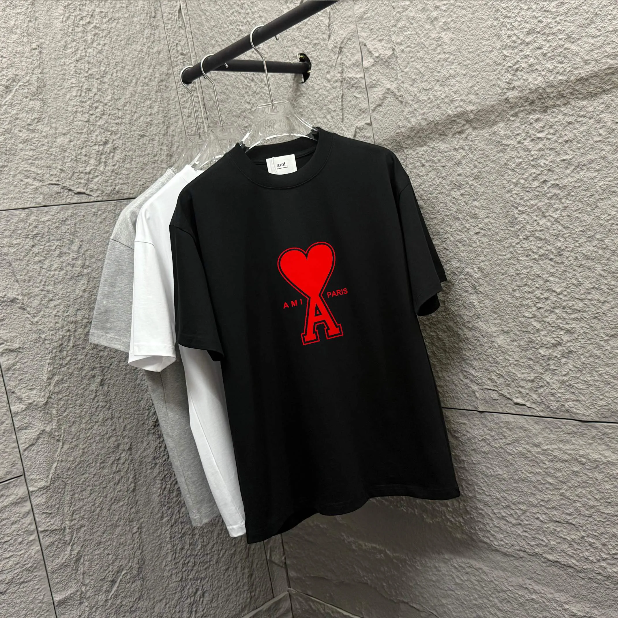 🅿️180 Ami* 2025 spring and summer new style Ami love letter red flocking Customized double yarn plain cotton fabric Short-sleeved T-shirt Uniform for men and women Color: black white floral gray Size: S (90-130 pounds) M (120-150 pounds) L (140-165 pounds) XL (160-180 pounds) XXL (180-210 pounds)