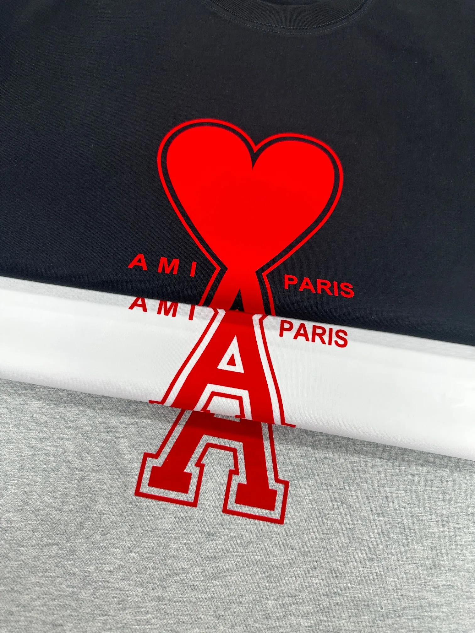 🅿️180 Ami* 2025 spring and summer new style Ami love letter red flocking Customized double yarn plain cotton fabric Short-sleeved T-shirt Uniform for men and women Color: black white floral gray Size: S (90-130 pounds) M (120-150 pounds) L (140-165 pounds) XL (160-180 pounds) XXL (180-210 pounds)