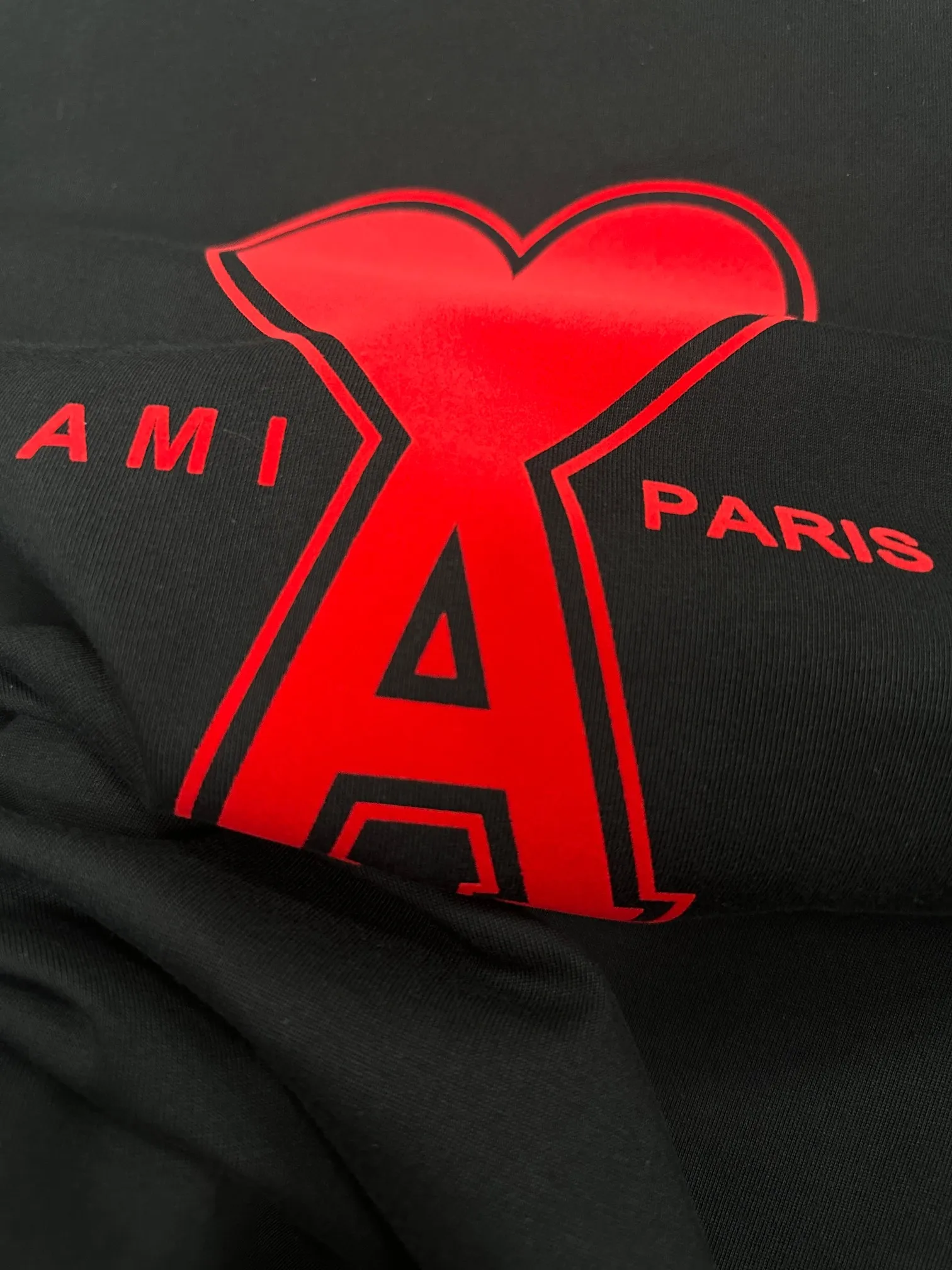 🅿️180 Ami* 2025 spring and summer new style Ami love letter red flocking Customized double yarn plain cotton fabric Short-sleeved T-shirt Uniform for men and women Color: black white floral gray Size: S (90-130 pounds) M (120-150 pounds) L (140-165 pounds) XL (160-180 pounds) XXL (180-210 pounds)