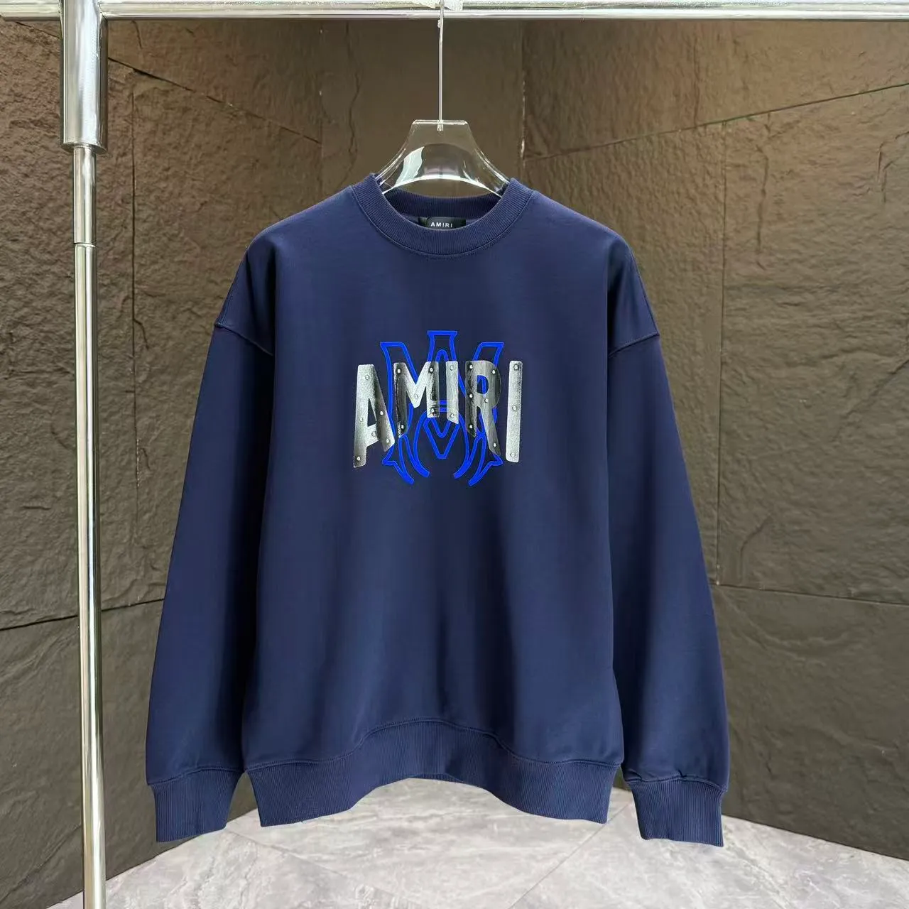 P210 AMIRI* 2025 autumn and winter new round neck sweatshirt 400g terry cotton letter flocking➕3D printing Color: Black White Gray Dark Blue Size: S M L XL XXL