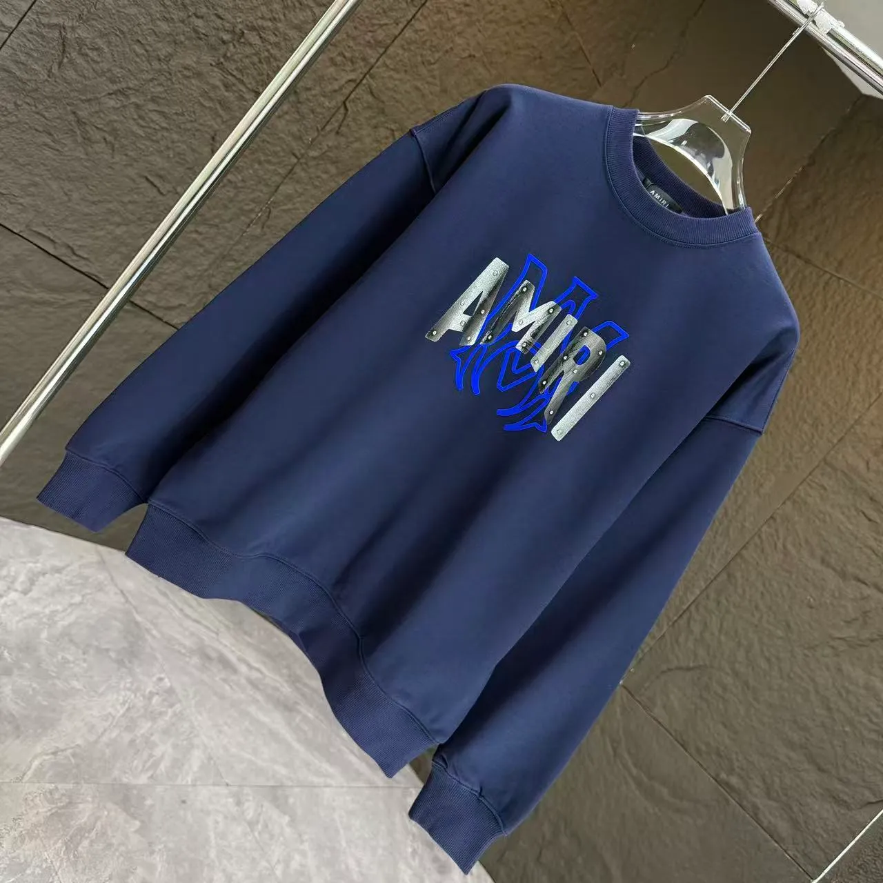 P210 AMIRI* 2025 autumn and winter new round neck sweatshirt 400g terry cotton letter flocking➕3D printing Color: Black White Gray Dark Blue Size: S M L XL XXL