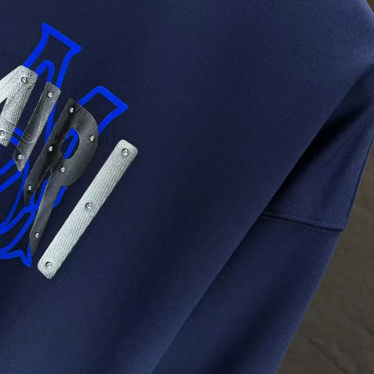 P210 AMIRI* 2025 autumn and winter new round neck sweatshirt 400g terry cotton letter flocking➕3D printing Color: Black White Gray Dark Blue Size: S M L XL XXL