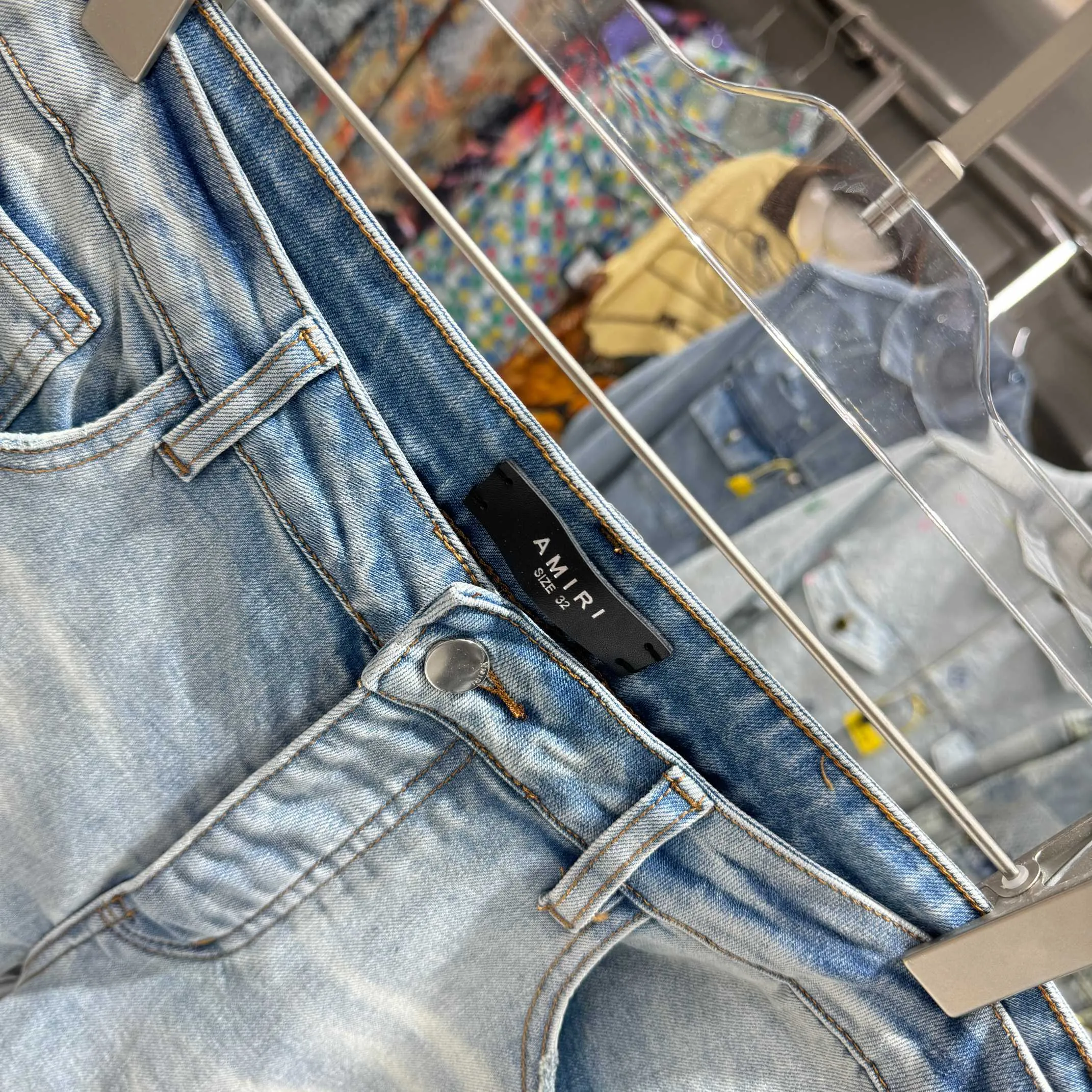 P290 Amiri ripped letter embroidered slim fit stretch jeans Color light blue Size 30 32 34 36 38