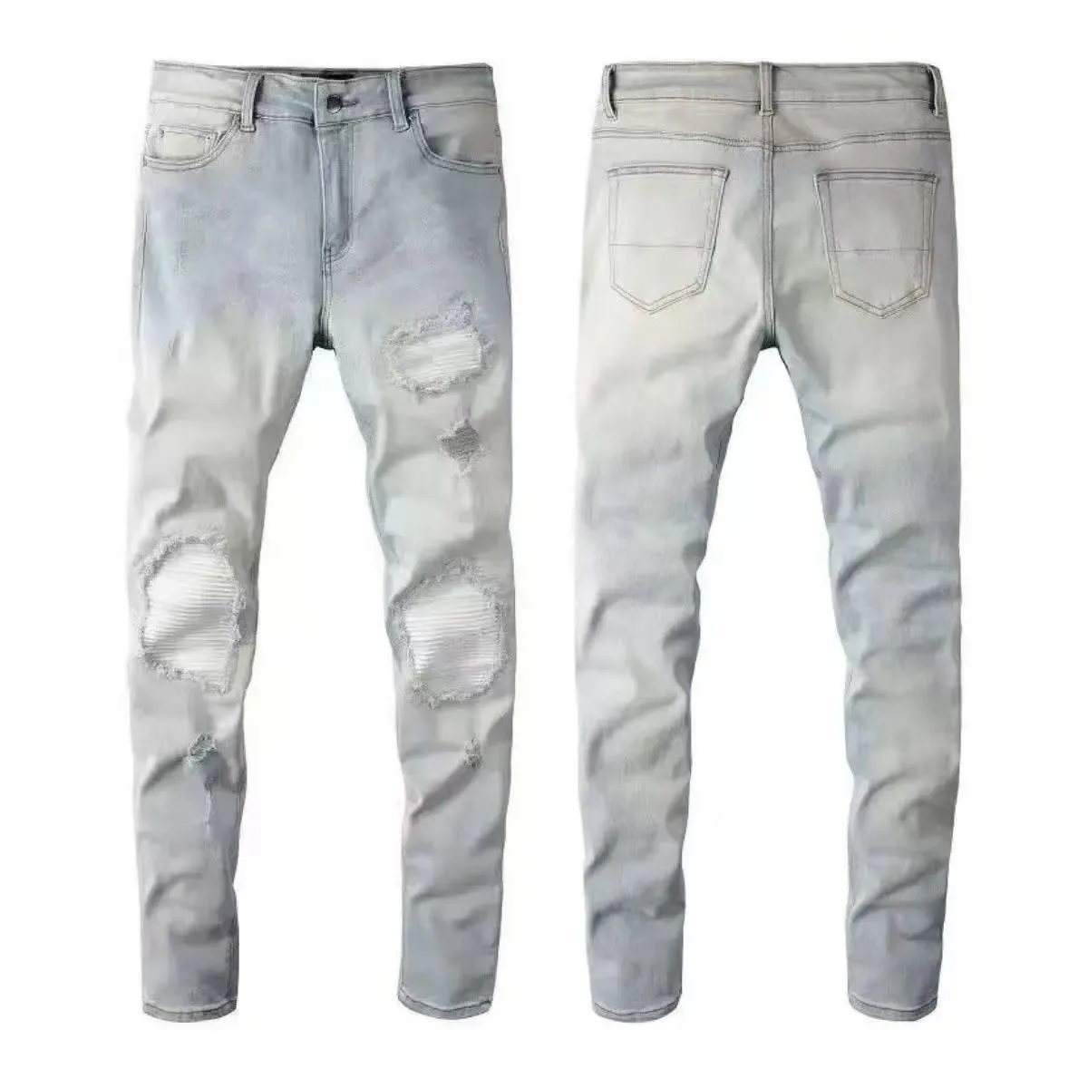 #M47 P168💰 AMIRI patch embroidery jeans trousers AMIRI high street basic ripped tight elastic jeans trousers amiri brand jeans break the production process and cutting of the original jeans, the fabrics are softer and more comfortable Hand-sewn collar label Customized logo buttons Genuine leather tag Color: Picture color Size: 30-32-34-36