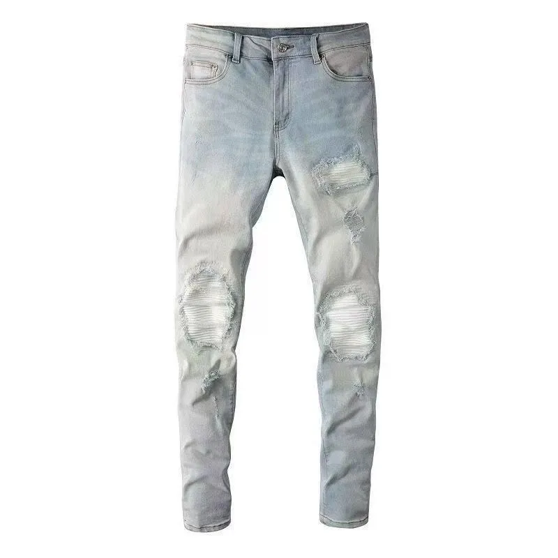 #M47 P168💰 AMIRI patch embroidery jeans trousers AMIRI high street basic ripped tight elastic jeans trousers amiri brand jeans break the production process and cutting of the original jeans, the fabrics are softer and more comfortable Hand-sewn collar label Customized logo buttons Genuine leather tag Color: Picture color Size: 30-32-34-36