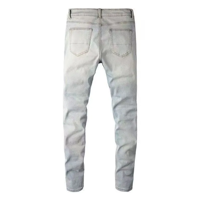 #M47 P168💰 AMIRI patch embroidery jeans trousers AMIRI high street basic ripped tight elastic jeans trousers amiri brand jeans break the production process and cutting of the original jeans, the fabrics are softer and more comfortable Hand-sewn collar label Customized logo buttons Genuine leather tag Color: Picture color Size: 30-32-34-36