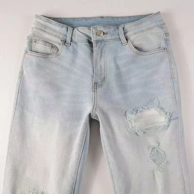 #M47 P168💰 AMIRI patch embroidery jeans trousers AMIRI high street basic ripped tight elastic jeans trousers amiri brand jeans break the production process and cutting of the original jeans, the fabrics are softer and more comfortable Hand-sewn collar label Customized logo buttons Genuine leather tag Color: Picture color Size: 30-32-34-36