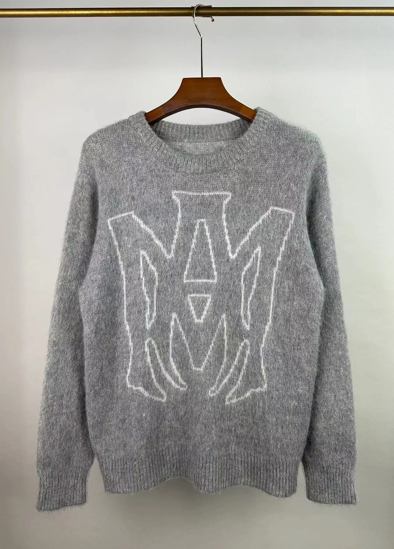 P240 🎉AMIRI new seahorse wool sweater, exclusive large logo jacquard on the front, color: gray black digital: S M L XL XXL