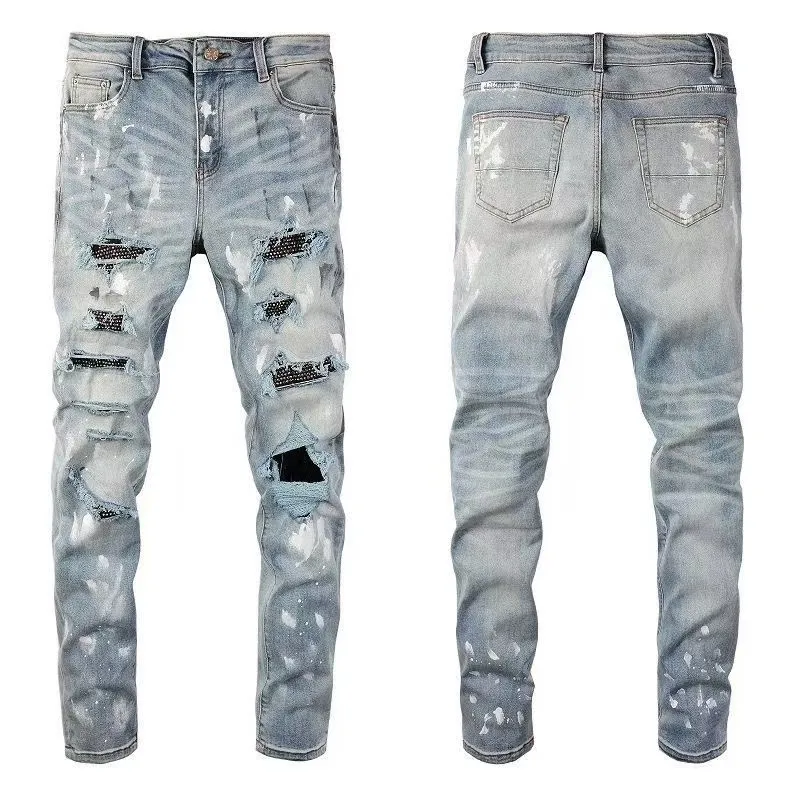 #M63 P168💰 AMIRI splashed ink jeans trousers AMIRI high street basic ripped tight elastic jeans trousers amiri brand jeans break the production process and cutting of the original jeans, the fabrics are softer and more comfortable Hand-sewn collar label Customized logo buttons Genuine leather tag Color: Picture color Size: 30-32-34-36