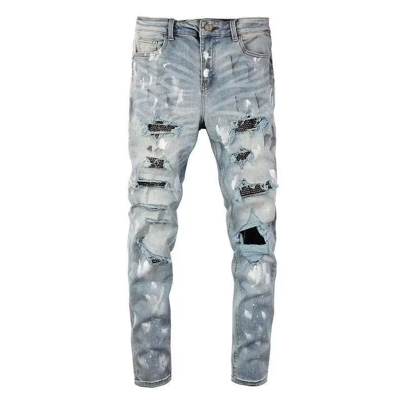 #M63 P168💰 AMIRI splashed ink jeans trousers AMIRI high street basic ripped tight elastic jeans trousers amiri brand jeans break the production process and cutting of the original jeans, the fabrics are softer and more comfortable Hand-sewn collar label Customized logo buttons Genuine leather tag Color: Picture color Size: 30-32-34-36