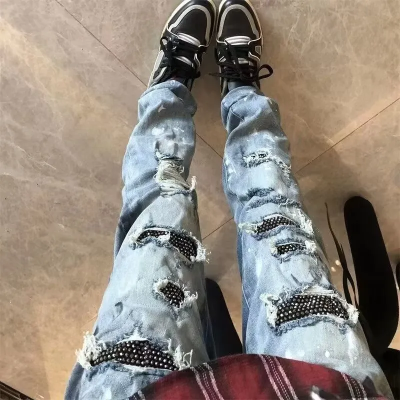 #M63 P168💰 AMIRI splashed ink jeans trousers AMIRI high street basic ripped tight elastic jeans trousers amiri brand jeans break the production process and cutting of the original jeans, the fabrics are softer and more comfortable Hand-sewn collar label Customized logo buttons Genuine leather tag Color: Picture color Size: 30-32-34-36