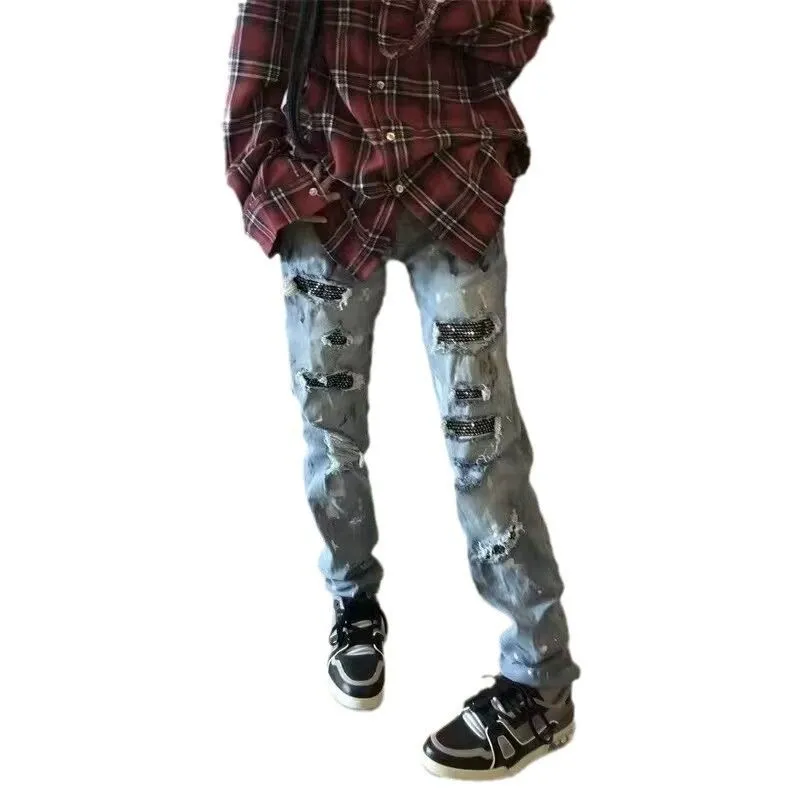 #M63 P168💰 AMIRI splashed ink jeans trousers AMIRI high street basic ripped tight elastic jeans trousers amiri brand jeans break the production process and cutting of the original jeans, the fabrics are softer and more comfortable Hand-sewn collar label Customized logo buttons Genuine leather tag Color: Picture color Size: 30-32-34-36