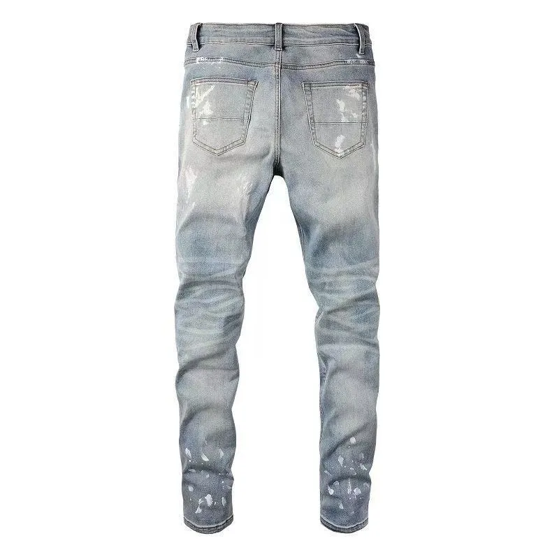 #M63 P168💰 AMIRI splashed ink jeans trousers AMIRI high street basic ripped tight elastic jeans trousers amiri brand jeans break the production process and cutting of the original jeans, the fabrics are softer and more comfortable Hand-sewn collar label Customized logo buttons Genuine leather tag Color: Picture color Size: 30-32-34-36