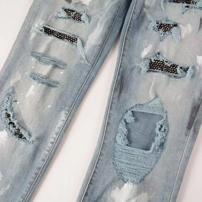 #M63 P168💰 AMIRI splashed ink jeans trousers AMIRI high street basic ripped tight elastic jeans trousers amiri brand jeans break the production process and cutting of the original jeans, the fabrics are softer and more comfortable Hand-sewn collar label Customized logo buttons Genuine leather tag Color: Picture color Size: 30-32-34-36