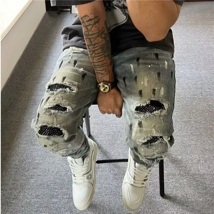 #M63 P168💰 AMIRI splashed ink jeans trousers AMIRI high street basic ripped tight elastic jeans trousers amiri brand jeans break the production process and cutting of the original jeans, the fabrics are softer and more comfortable Hand-sewn collar label Customized logo buttons Genuine leather tag Color: Picture color Size: 30-32-34-36