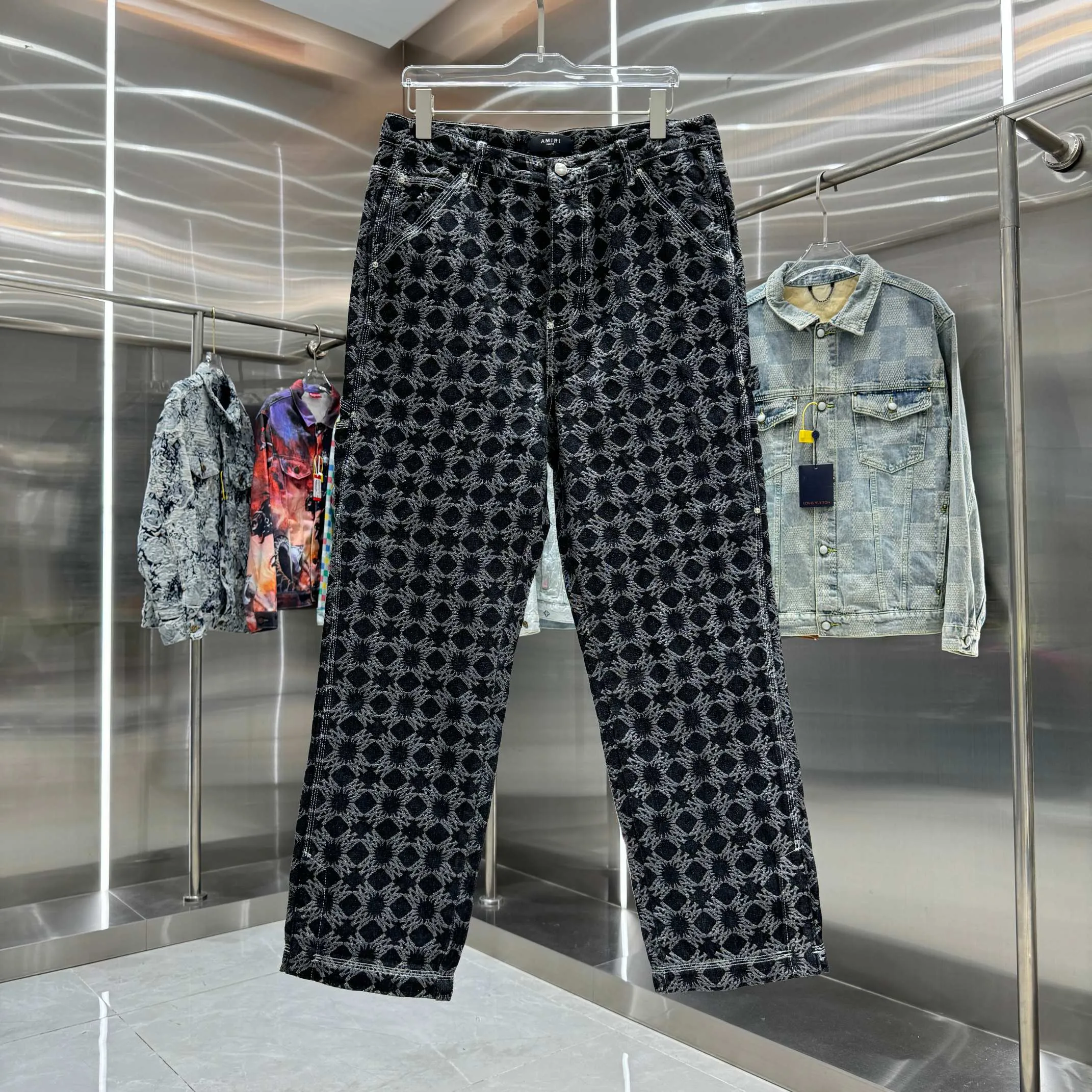 P290 Amiri full-print pattern LOGO jacquard workwear street fashion loose straight jeans Color Black Size 30 32 34 36 38