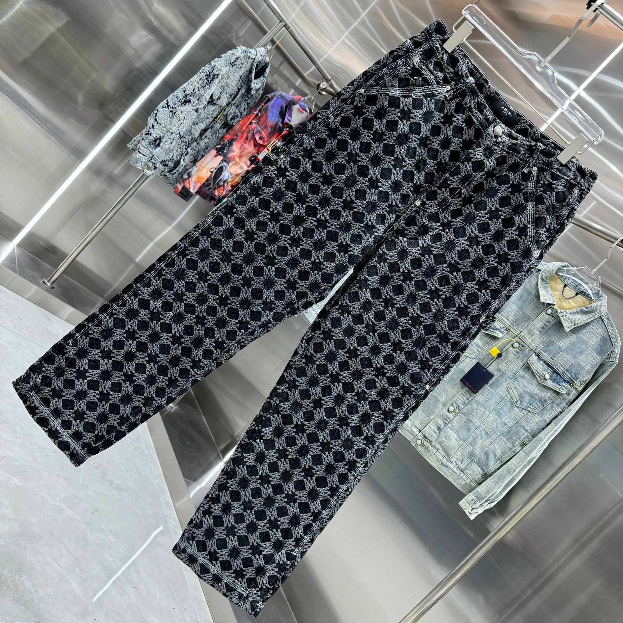 P290 Amiri full-print pattern LOGO jacquard workwear street fashion loose straight jeans Color Black Size 30 32 34 36 38