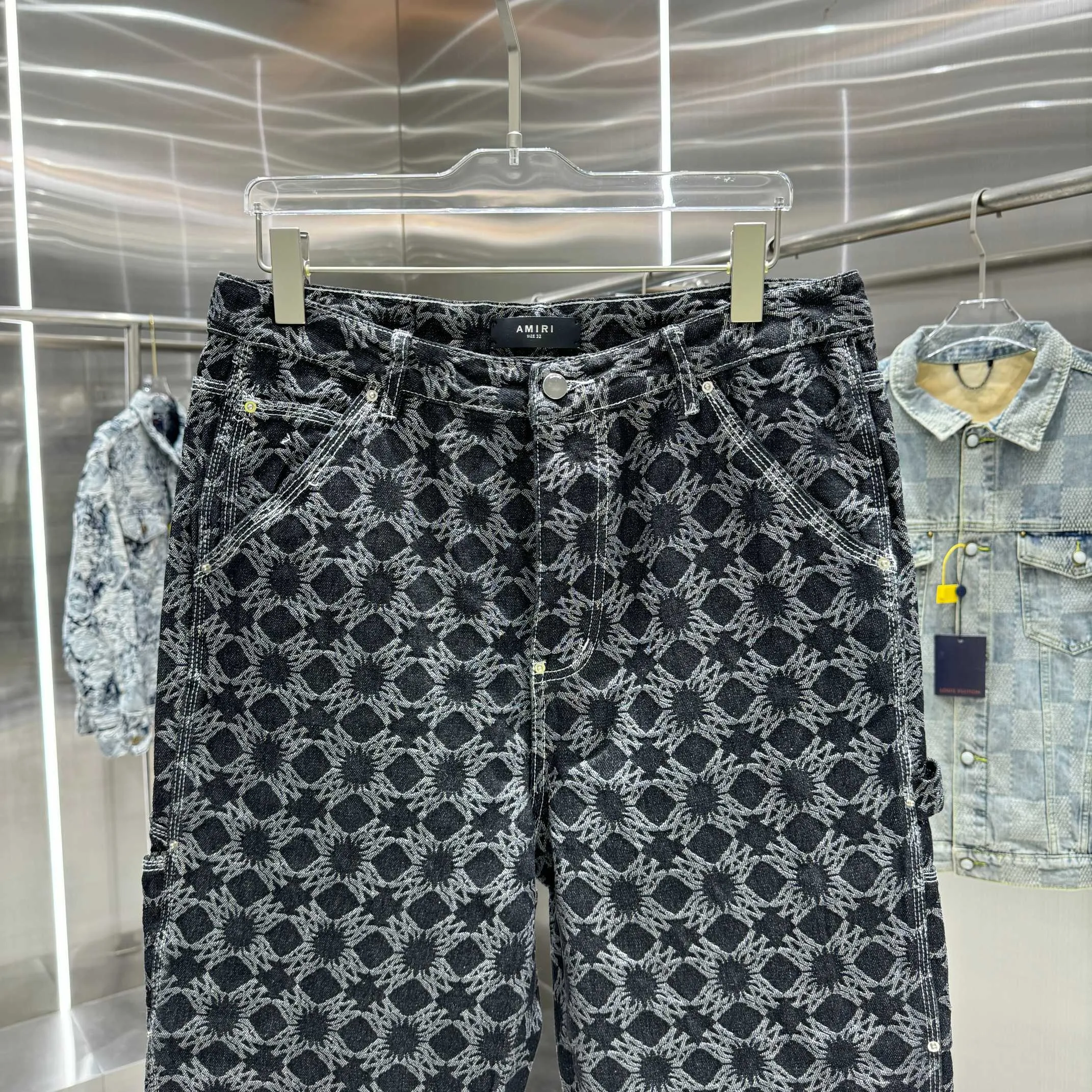 P290 Amiri full-print pattern LOGO jacquard workwear street fashion loose straight jeans Color Black Size 30 32 34 36 38