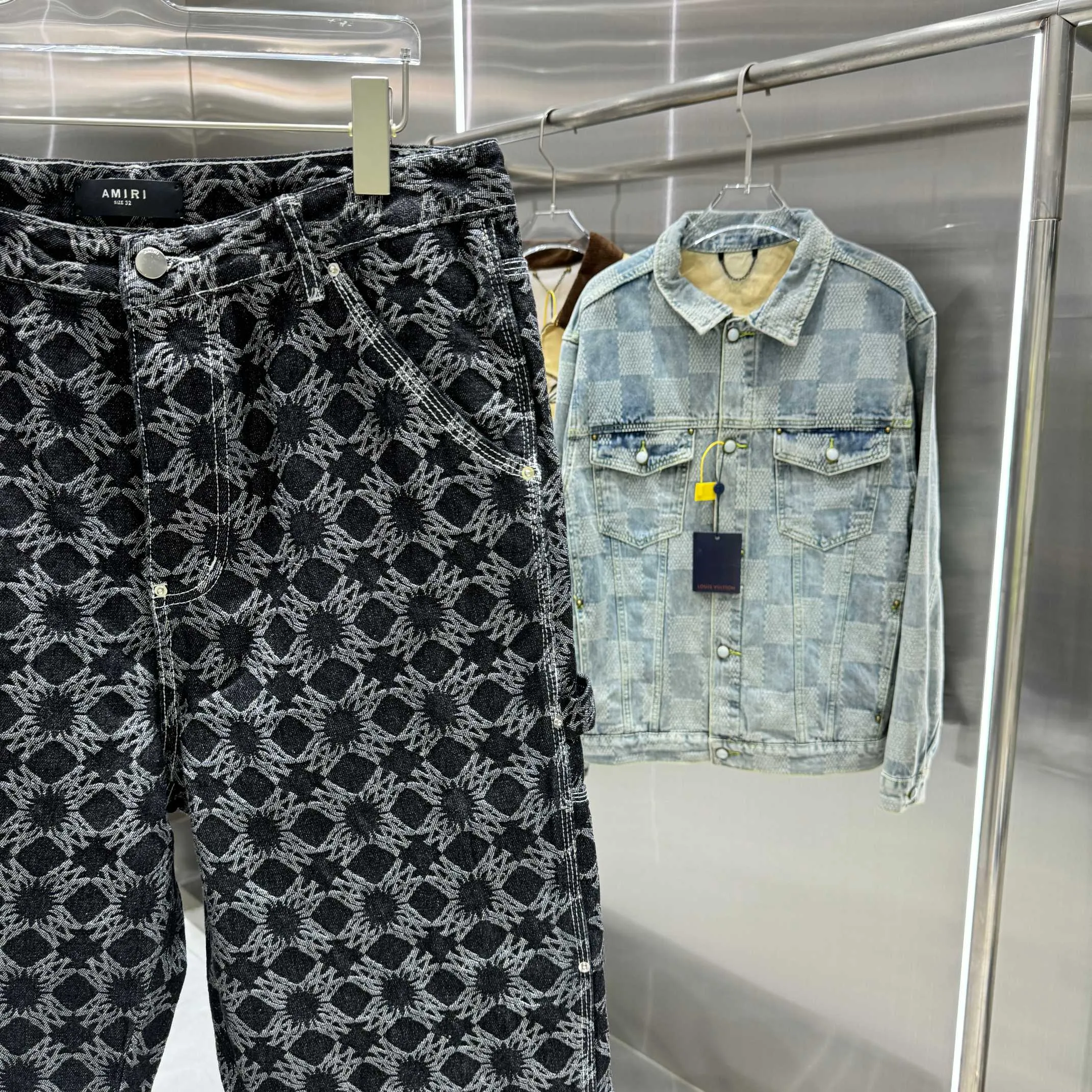 P290 Amiri full-print pattern LOGO jacquard workwear street fashion loose straight jeans Color Black Size 30 32 34 36 38