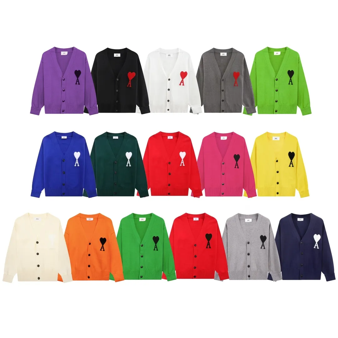 A05B# Ami Paris 21 Love Series Big Love Sweater Love A Letter Jacquard Cardigan V-neck Wool Sweater Loose Jacket for Men and Women Color: Blue Red Dark Green Light Green Yellow Purple Fluorescent Green Royal Blue Gray Black Heart Red Black Heart Black White Gray Rose Red Orange 15 Colors Size: S-XL