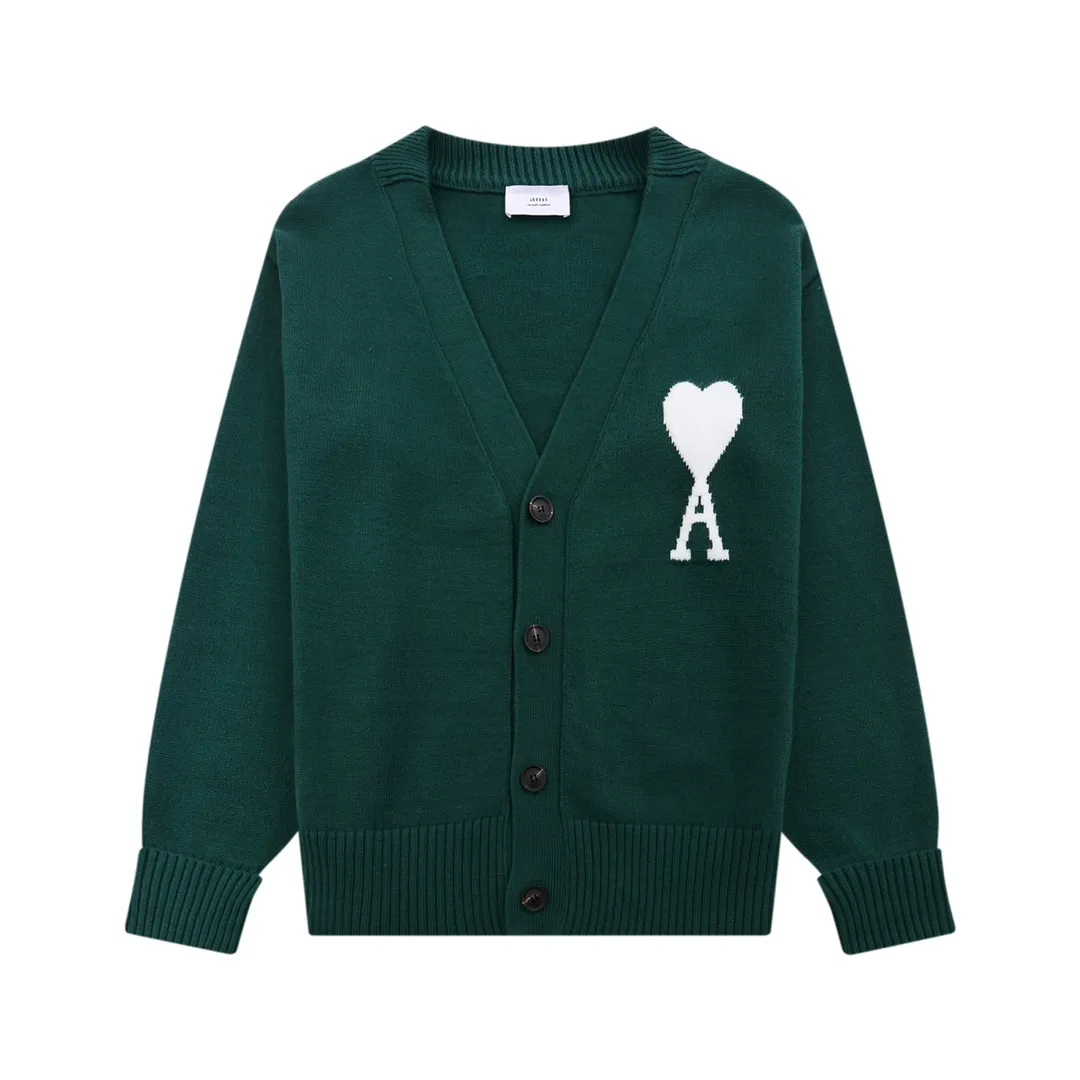 A05B# Ami Paris 21 Love Series Big Love Sweater Love A Letter Jacquard Cardigan V-neck Wool Sweater Loose Jacket for Men and Women Color: Blue Red Dark Green Light Green Yellow Purple Fluorescent Green Royal Blue Gray Black Heart Red Black Heart Black White Gray Rose Red Orange 15 Colors Size: S-XL