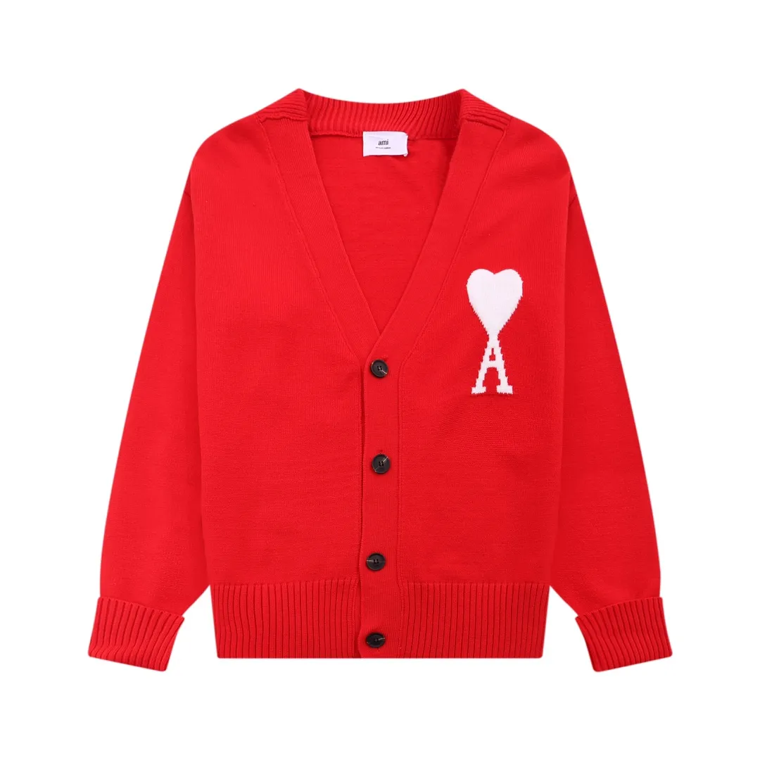 A05B# Ami Paris 21 Love Series Big Love Sweater Love A Letter Jacquard Cardigan V-neck Wool Sweater Loose Jacket for Men and Women Color: Blue Red Dark Green Light Green Yellow Purple Fluorescent Green Royal Blue Gray Black Heart Red Black Heart Black White Gray Rose Red Orange 15 Colors Size: S-XL