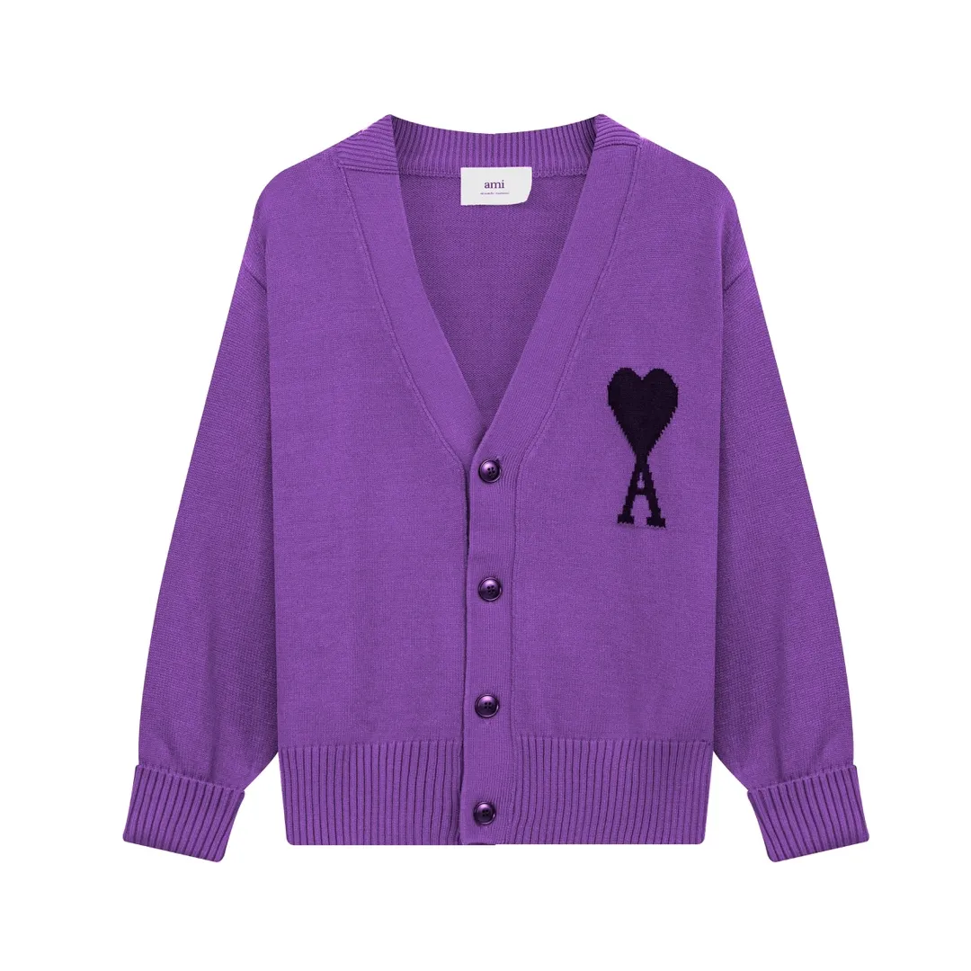 A05B# Ami Paris 21 Love Series Big Love Sweater Love A Letter Jacquard Cardigan V-neck Wool Sweater Loose Jacket for Men and Women Color: Blue Red Dark Green Light Green Yellow Purple Fluorescent Green Royal Blue Gray Black Heart Red Black Heart Black White Gray Rose Red Orange 15 Colors Size: S-XL