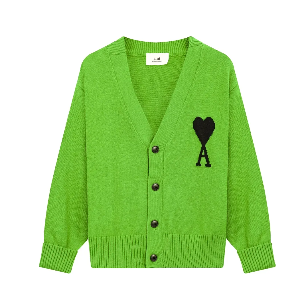 A05B# Ami Paris 21 Love Series Big Love Sweater Love A Letter Jacquard Cardigan V-neck Wool Sweater Loose Jacket for Men and Women Color: Blue Red Dark Green Light Green Yellow Purple Fluorescent Green Royal Blue Gray Black Heart Red Black Heart Black White Gray Rose Red Orange 15 Colors Size: S-XL