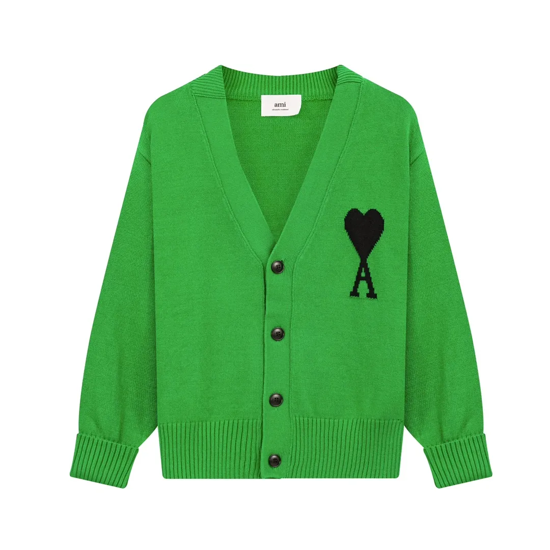 A05B# Ami Paris 21 Love Series Big Love Sweater Love A Letter Jacquard Cardigan V-neck Wool Sweater Loose Jacket for Men and Women Color: Blue Red Dark Green Light Green Yellow Purple Fluorescent Green Royal Blue Gray Black Heart Red Black Heart Black White Gray Rose Red Orange 15 Colors Size: S-XL
