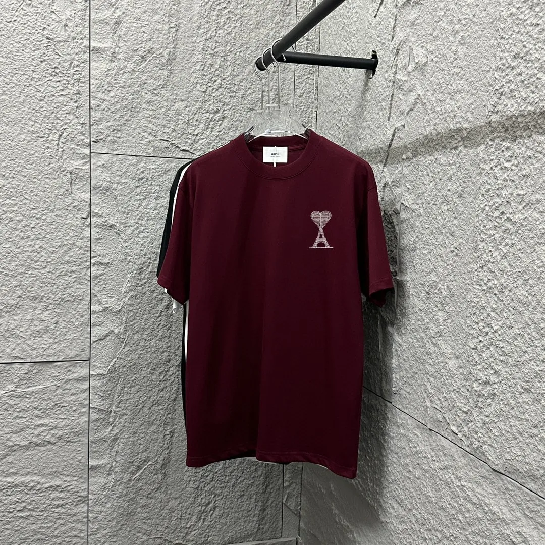 🅿️180 Ami* Love Embroidery 2025 Spring and Summer New Love Tower A embroidered letter pattern Customized double yarn plain cotton fabric Short-sleeved T-shirt Uniform for men and women Color: White Angora Red Black Size: S (90-130 catties) M (120-150 catties) L (140-165 catties) XL (160-180 catties) XXL (180-210 pounds)