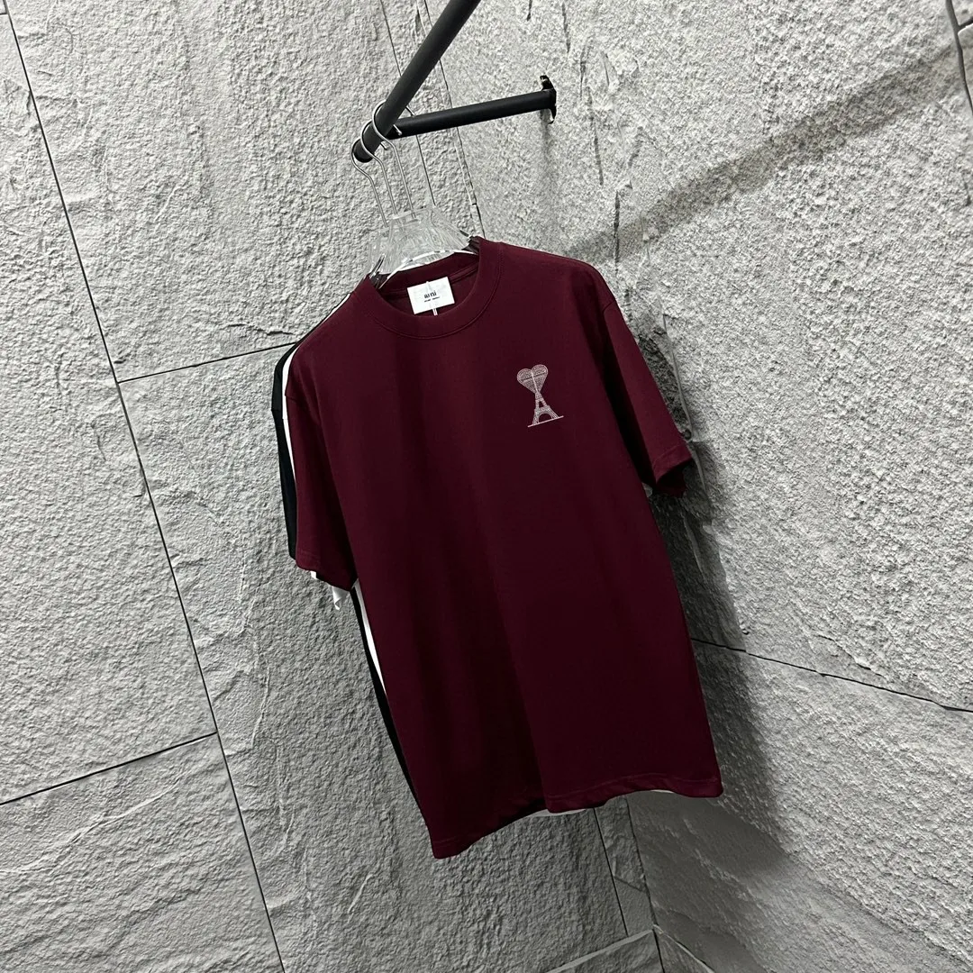 🅿️180 Ami* Love Embroidery 2025 Spring and Summer New Love Tower A embroidered letter pattern Customized double yarn plain cotton fabric Short-sleeved T-shirt Uniform for men and women Color: White Angora Red Black Size: S (90-130 catties) M (120-150 catties) L (140-165 catties) XL (160-180 catties) XXL (180-210 pounds)