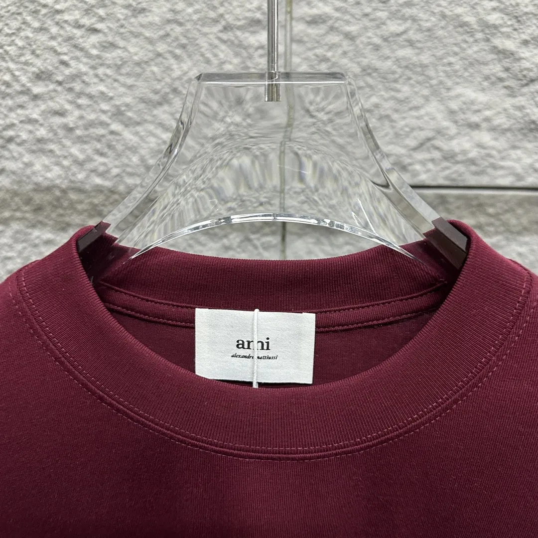🅿️180 Ami* Love Embroidery 2025 Spring and Summer New Love Tower A embroidered letter pattern Customized double yarn plain cotton fabric Short-sleeved T-shirt Uniform for men and women Color: White Angora Red Black Size: S (90-130 catties) M (120-150 catties) L (140-165 catties) XL (160-180 catties) XXL (180-210 pounds)