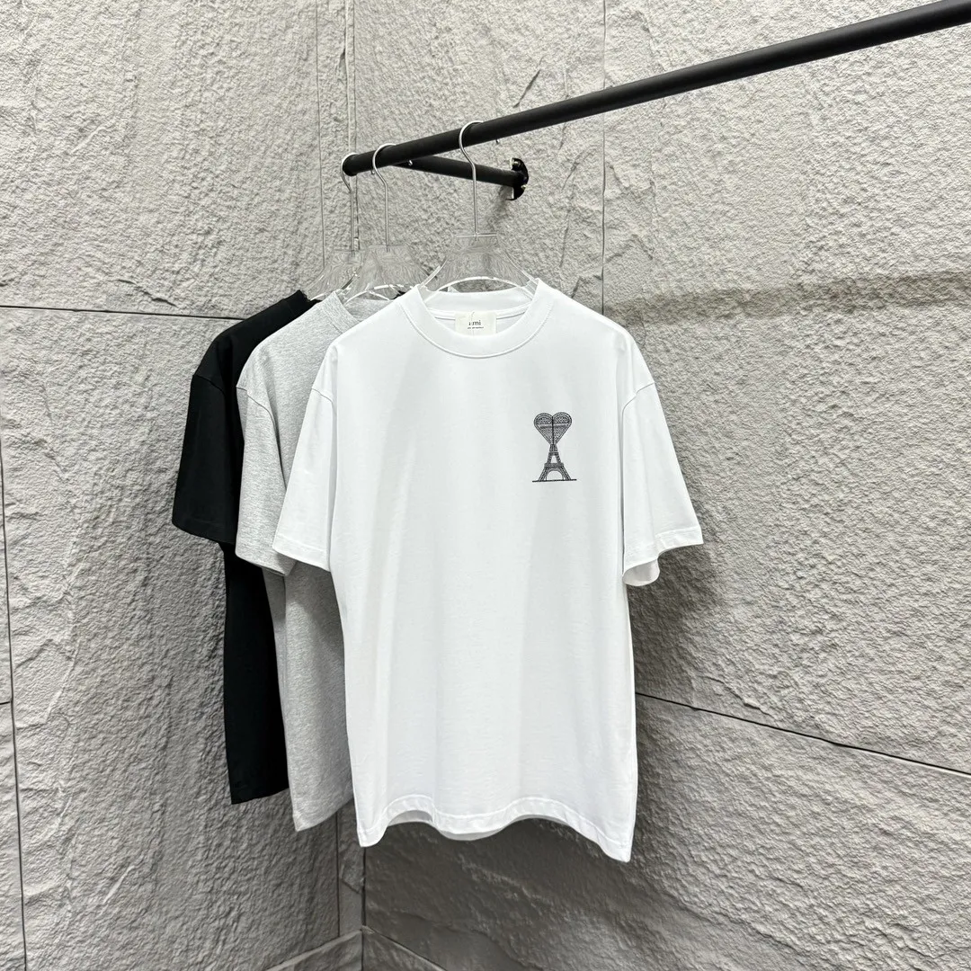 🅿️180 Ami* Love Embroidery 2025 Spring and Summer New Love Tower A embroidered letter pattern Customized double yarn plain cotton fabric Short-sleeved T-shirt Uniform for men and women Color: White Angora Red Black Size: S (90-130 catties) M (120-150 catties) L (140-165 catties) XL (160-180 catties) XXL (180-210 pounds)
