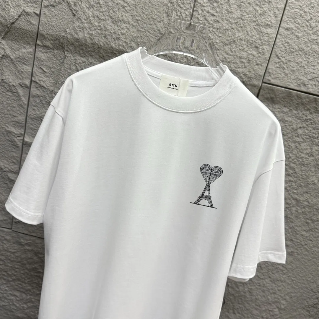🅿️180 Ami* Love Embroidery 2025 Spring and Summer New Love Tower A embroidered letter pattern Customized double yarn plain cotton fabric Short-sleeved T-shirt Uniform for men and women Color: White Angora Red Black Size: S (90-130 catties) M (120-150 catties) L (140-165 catties) XL (160-180 catties) XXL (180-210 pounds)
