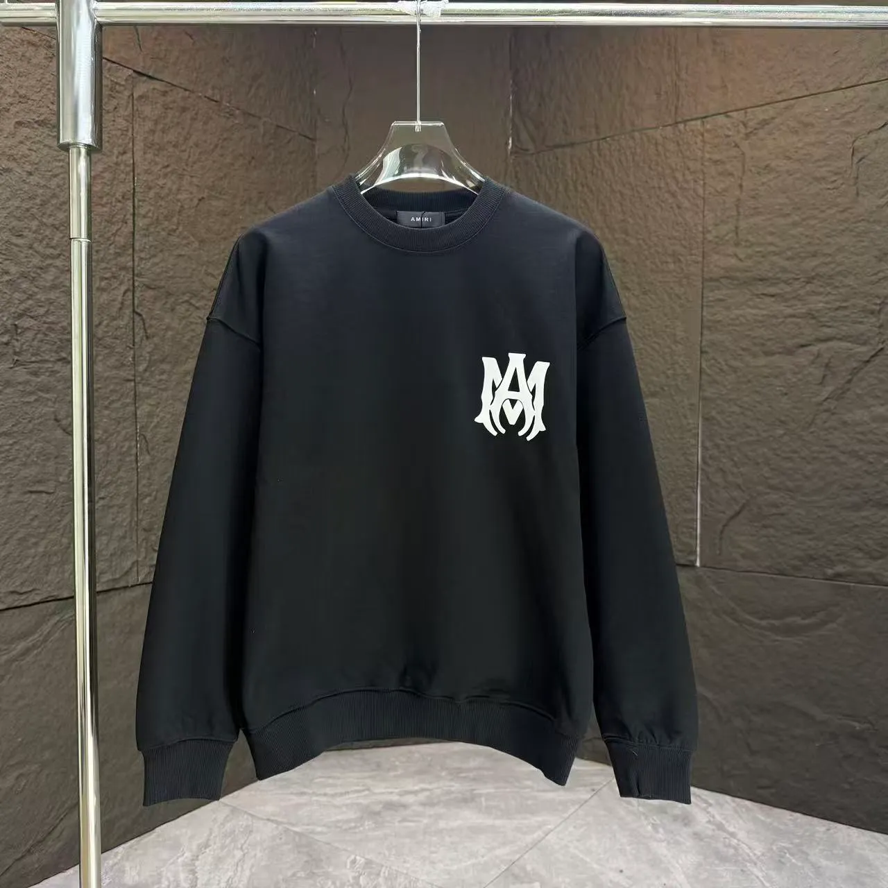 P210 AMIRI* 2025 autumn and winter new round neck sweatshirt 400g terry cotton letter logo three-dimensional foam Color: Black White Gray Dark Blue Size: S M L XL XXL