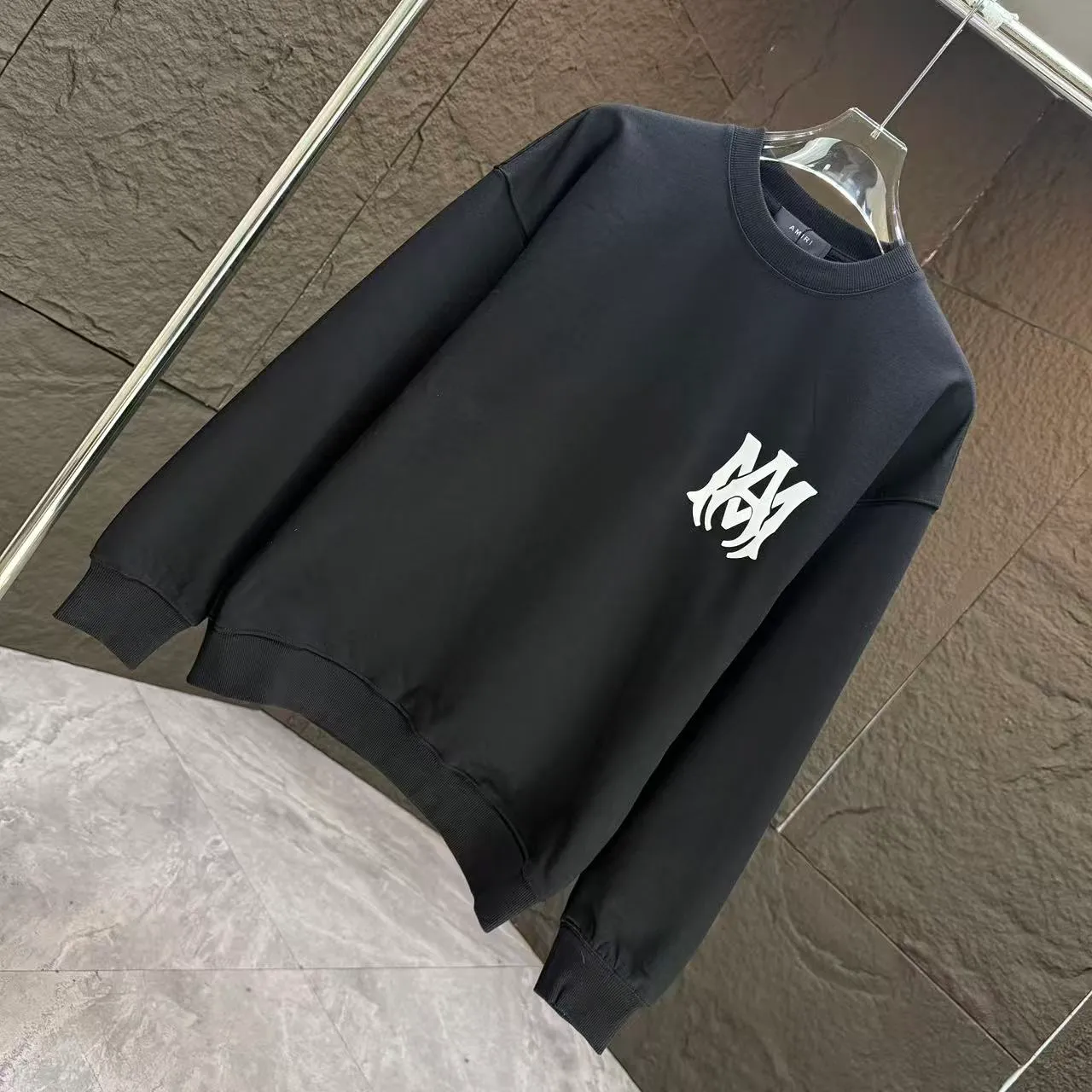 P210 AMIRI* 2025 autumn and winter new round neck sweatshirt 400g terry cotton letter logo three-dimensional foam Color: Black White Gray Dark Blue Size: S M L XL XXL
