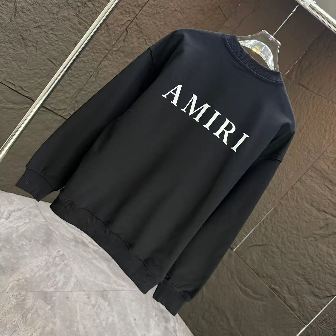 P210 AMIRI* 2025 autumn and winter new round neck sweatshirt 400g terry cotton letter logo three-dimensional foam Color: Black White Gray Dark Blue Size: S M L XL XXL