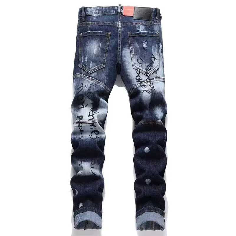 P180 D2 new embroidered men's ripped trendy jeans stretch personalized patches slim fit beggar pants with small feet Top-quality materials Super soft high cotton washed denim fabric The washing cost of each piece is up to three times that of conventional processes The touch is extremely delicate and the texture is very good The whole body is simple and elegant The back pockets of the pants are made of high-end direct-injection technology Extremely exquisite Full marks for details