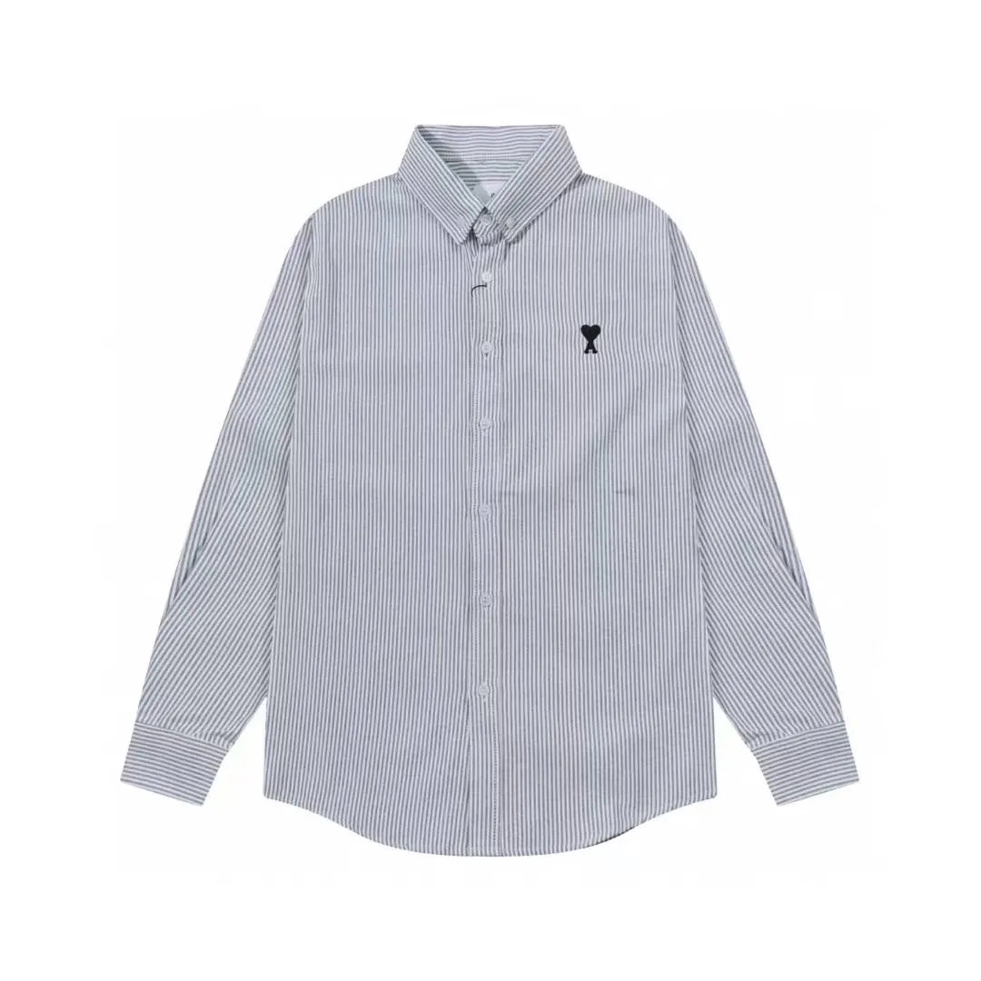 2218# AMI Paris 2025 Autumn and Winter Black classic small love embroidery on the chest Casual cotton striped long-sleeved Oxford shirt Original custom-made 180g pure cotton fabric Regular version Same style for men and women Color: Black and white Blue and white Size: S-XL