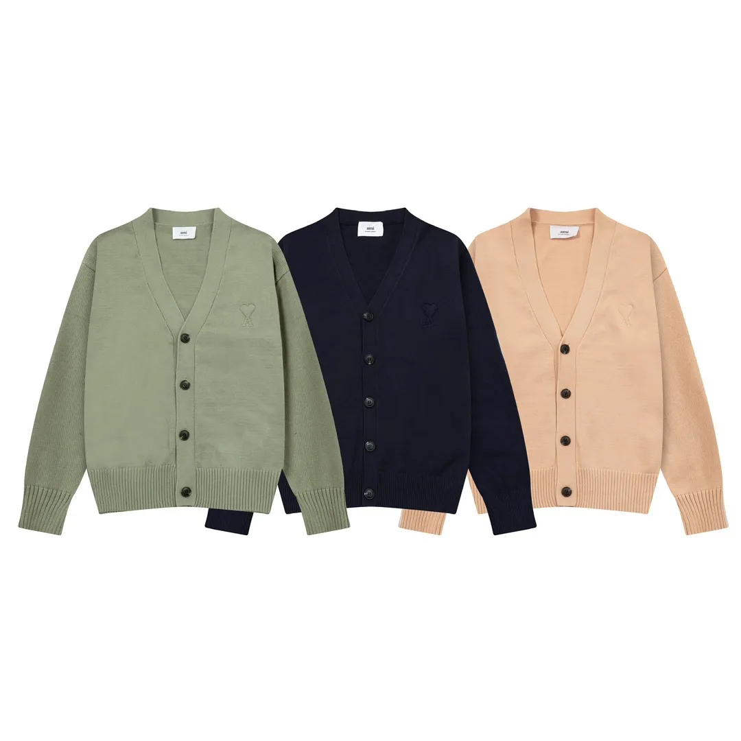A8170# Ami Paris 2024 autumn and winter new three-dimensional love solid color V-neck cardigan wool heart embroidered wool sweater lazy style oversize version for men and women Color: Royal Blue Aqua Green Apricot Code Number: S-XL