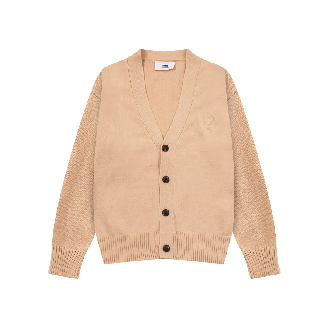 A8170# Ami Paris 2024 autumn and winter new three-dimensional love solid color V-neck cardigan wool heart embroidered wool sweater lazy style oversize version for men and women Color: Royal Blue Aqua Green Apricot Code Number: S-XL