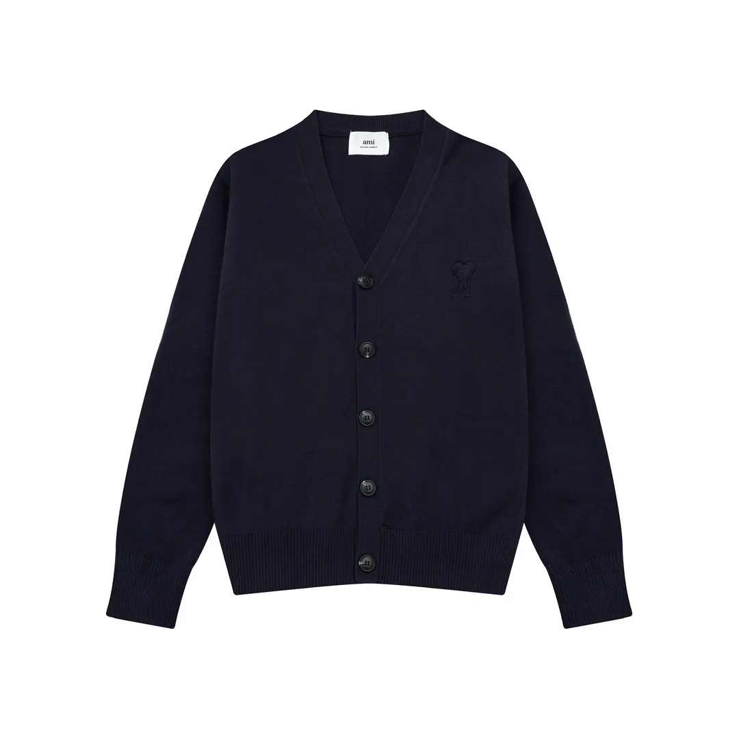 A8170# Ami Paris 2024 autumn and winter new three-dimensional love solid color V-neck cardigan wool heart embroidered wool sweater lazy style oversize version for men and women Color: Royal Blue Aqua Green Apricot Code Number: S-XL