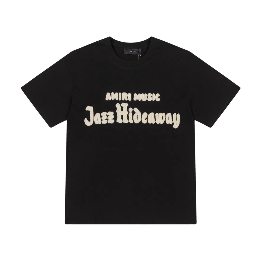 8038#P160, AMIRI antique thread logo embroidered loose version T-shirt, made of 300 grams of fabric, color: black, size: S M L XL