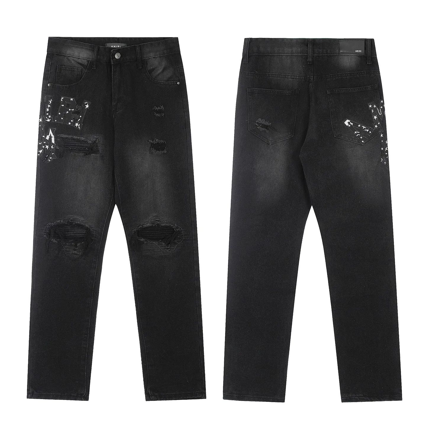 M21 P168💰 Amiri classic embroidered leather ripped letter jeans slim fit jeans produced by a large washed factory. Full of high-end feel. Knee part destroyed design with leather patchwork design. Already used as facade design. Leather waist nameplate. The focus of this style is not on washing, but on the shape and version of the damage. The secret lies in the craftsmanship of the master. Later fraying, horse cutting, knife cutting, etc. The cost of these handmade products is far beyond comparison with assembly line products. Color: Picture color Size: 30-32-34-36